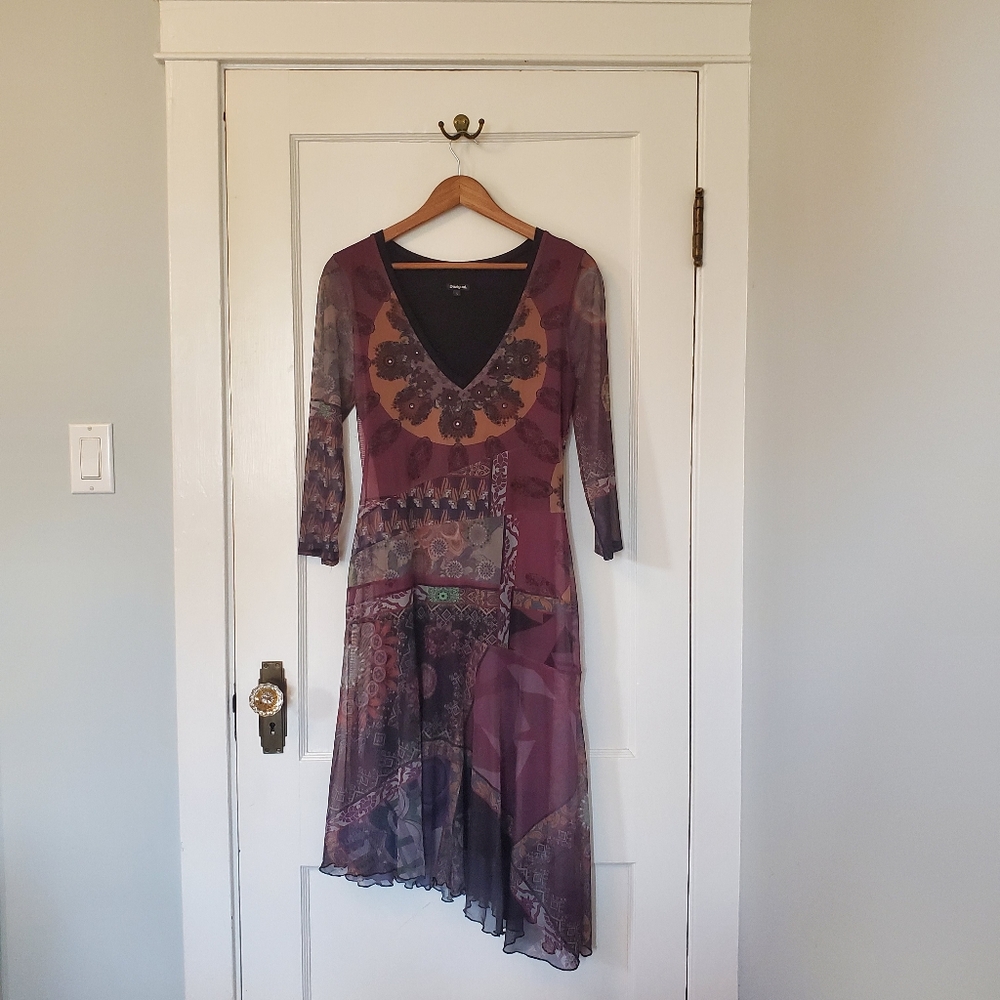 Desigual Asymmetrical Patchwork Dress in Burgundy and Black